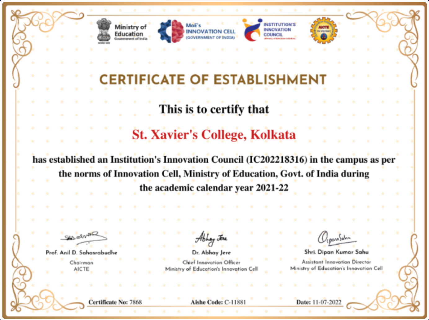 IIC Certificate of Establishment - St. Xavier's College, Kolkata
